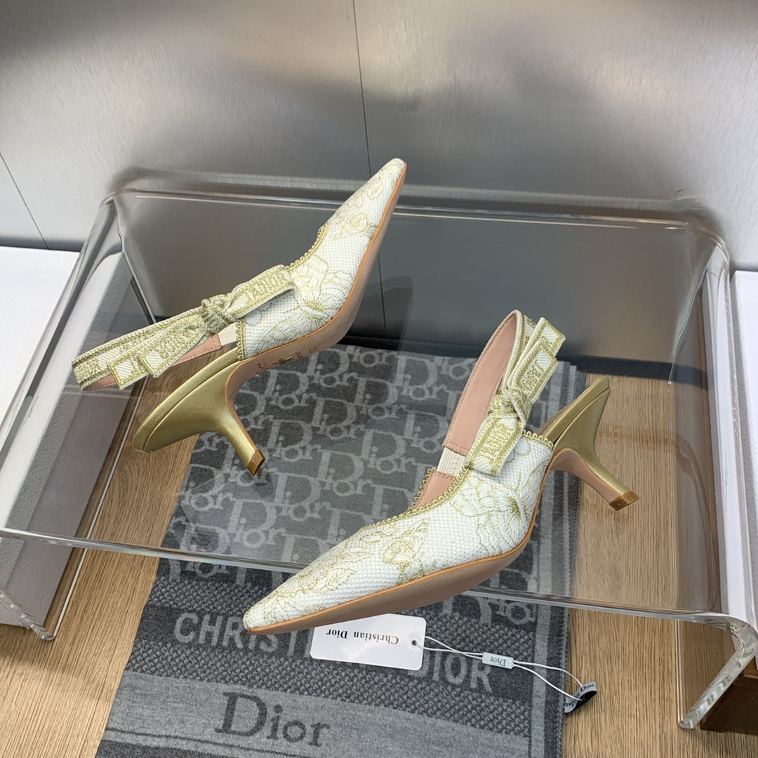 DIOR JA DIOR Slingback Pump 65 White and Gold-Tone Toile de Jouy Mexico Embroidered Cotton with Metallic Thread