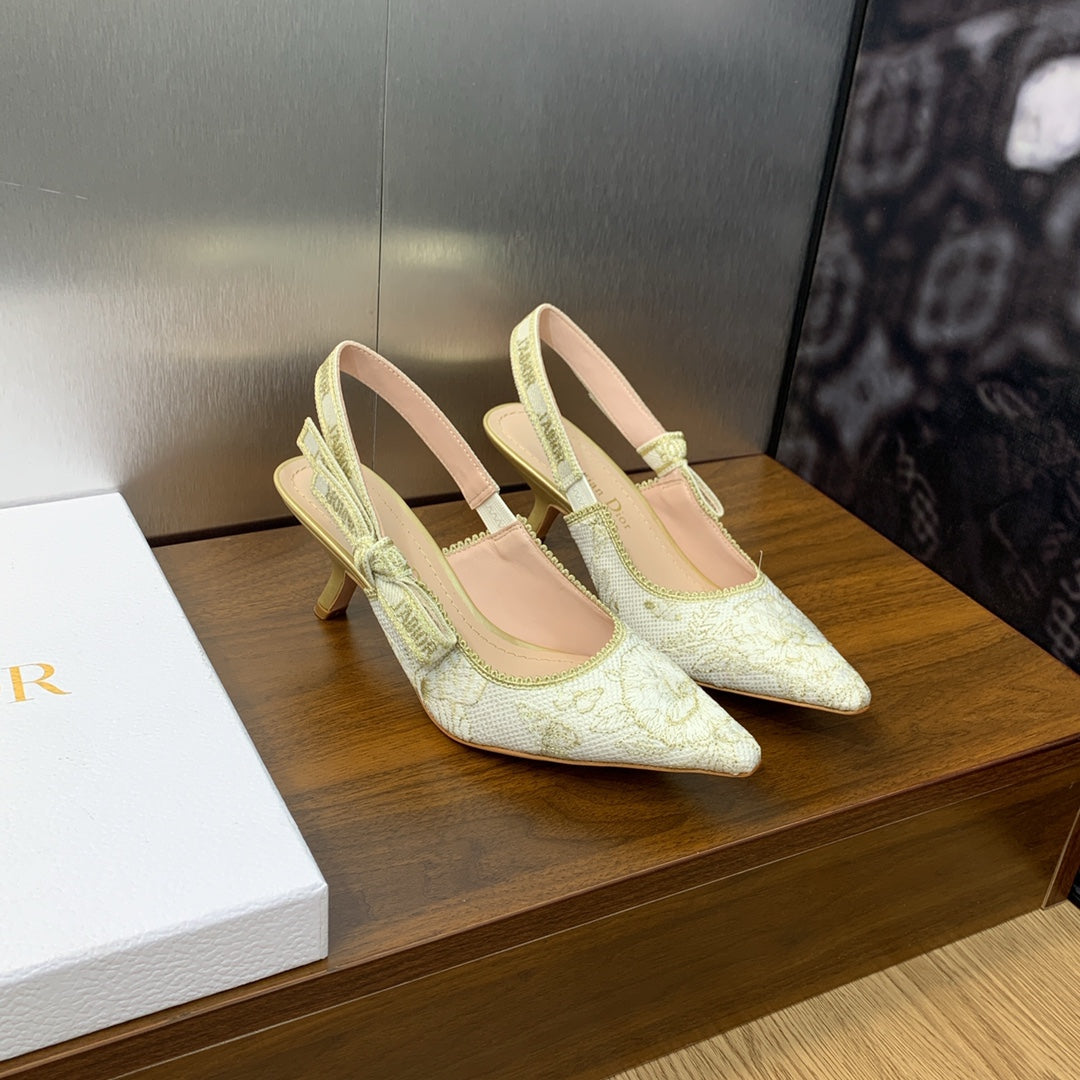 DIOR JA DIOR Slingback Pump 65 White and Gold-Tone Toile de Jouy Mexico Embroidered Cotton with Metallic Thread