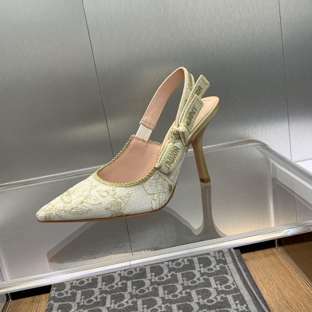 DIOR JA DIOR Slingback Pump 95 White and Gold-Tone Toile de Jouy Mexico Embroidered Cotton with Metallic Thread