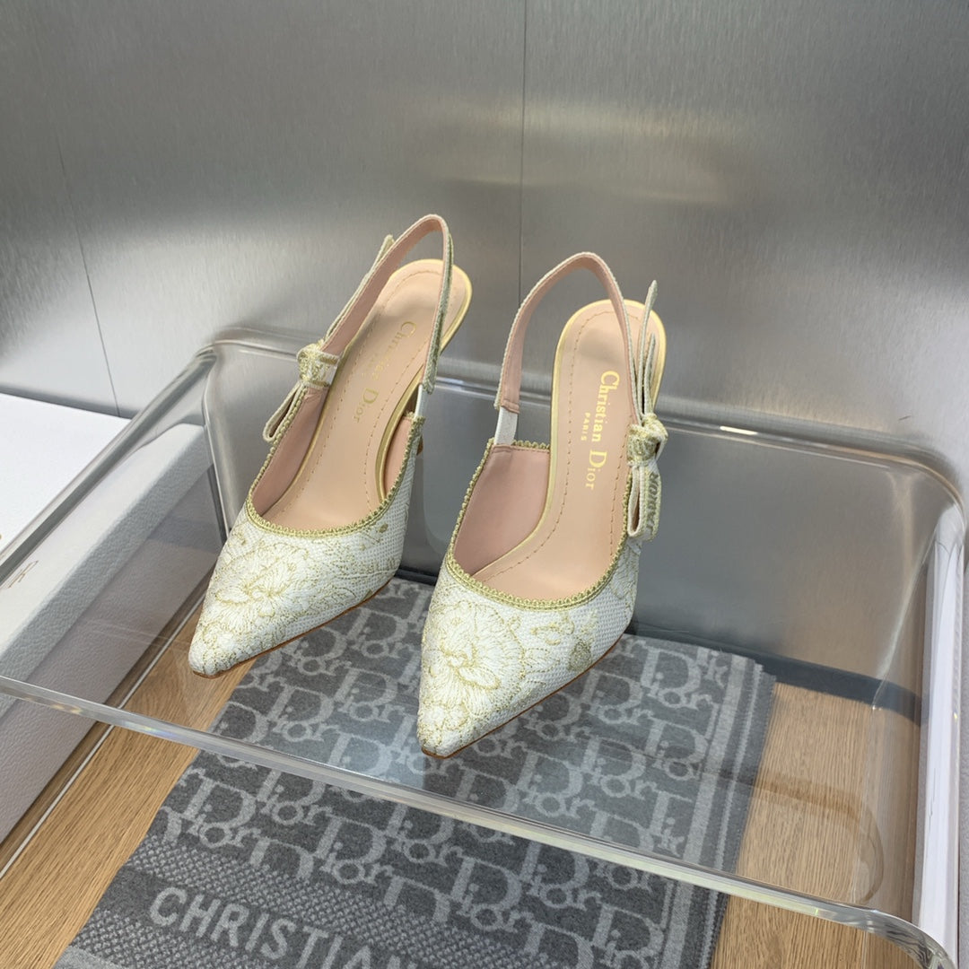 DIOR JA DIOR Slingback Pump 95 White and Gold-Tone Toile de Jouy Mexico Embroidered Cotton with Metallic Thread