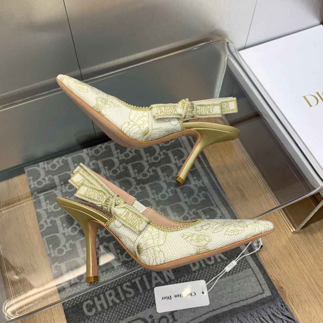 DIOR JA DIOR Slingback Pump 95 White and Gold-Tone Toile de Jouy Mexico Embroidered Cotton with Metallic Thread