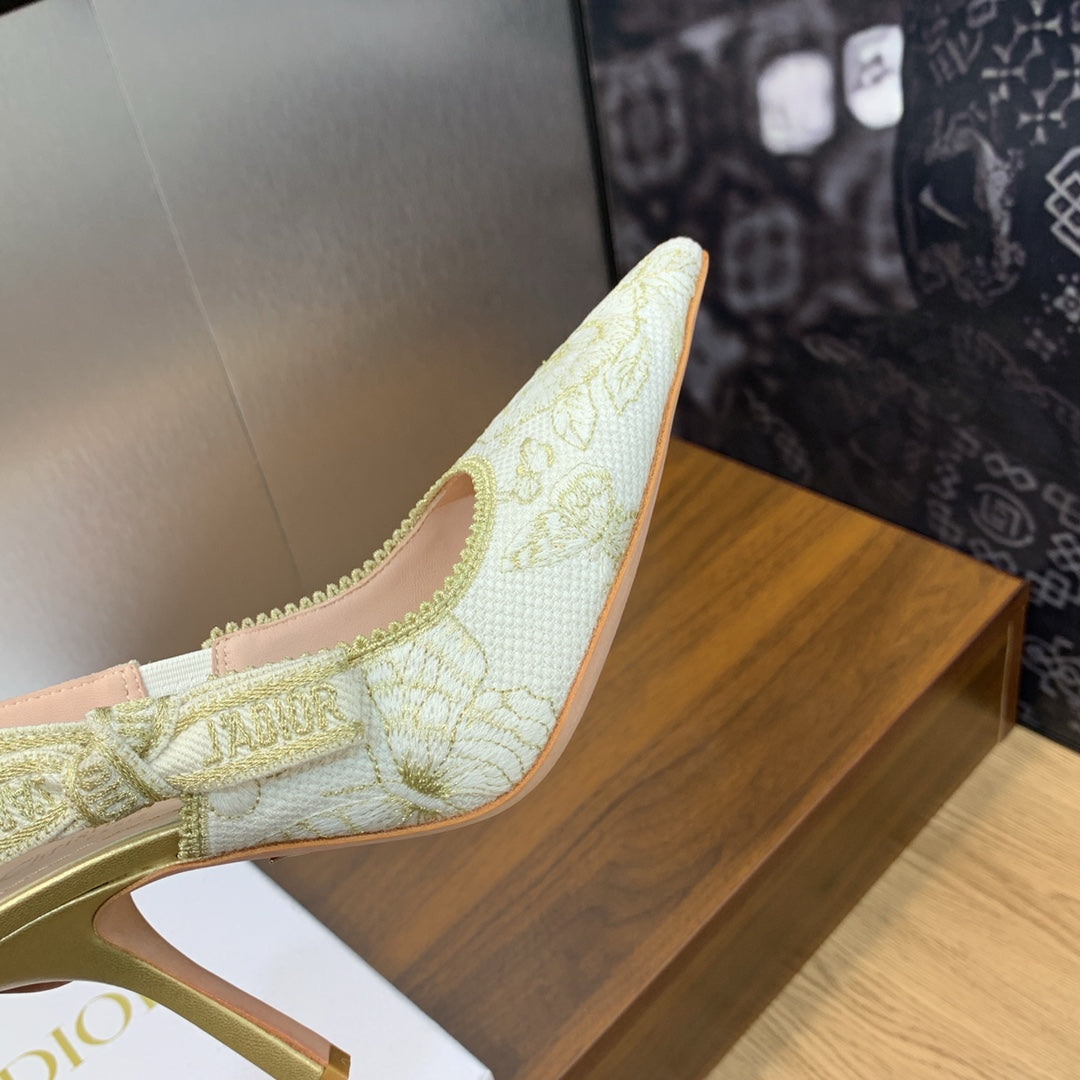 DIOR JA DIOR Slingback Pump 95 White and Gold-Tone Toile de Jouy Mexico Embroidered Cotton with Metallic Thread