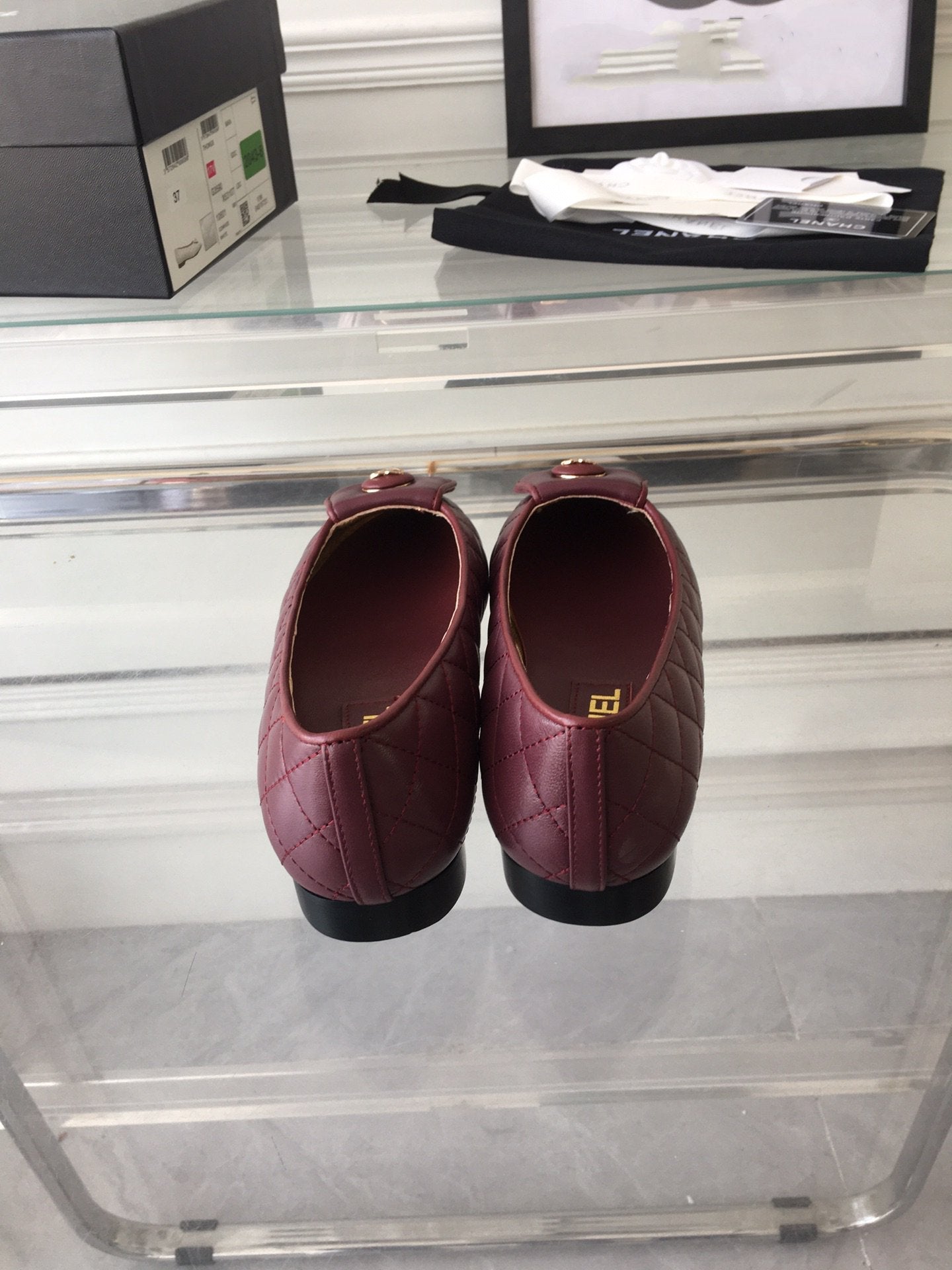 CHANEL ballet flat quilted wine gold lock