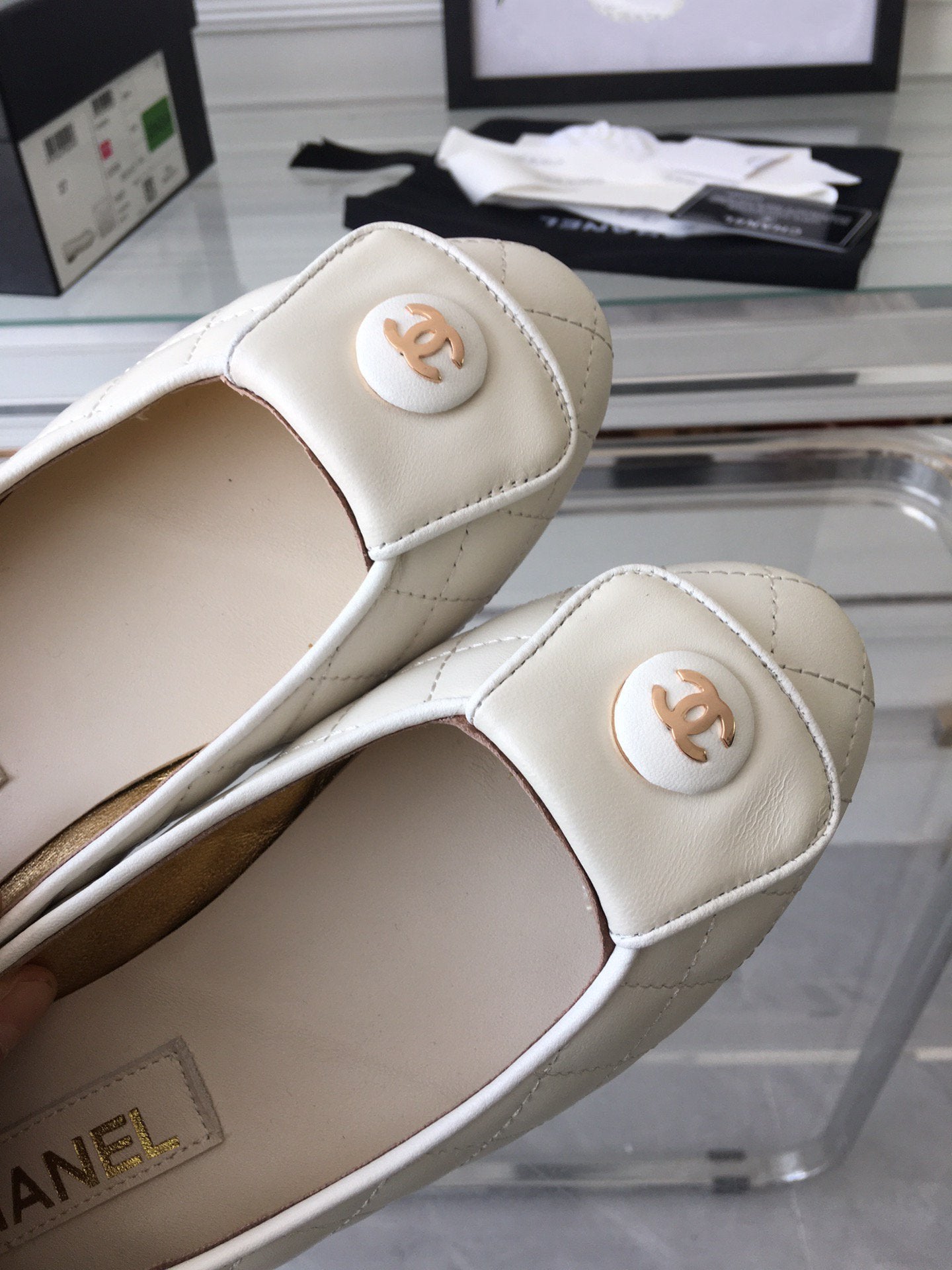 CHANEL ballet flat quilted white gold lock