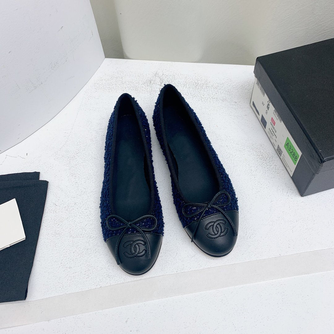 CHANEL ballet flat dark blue tweed black grosgrain