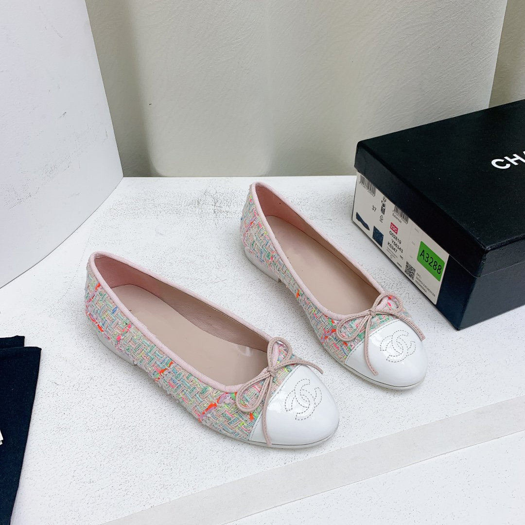 CHANEL ballet flat pink red white tweed grosgrain
