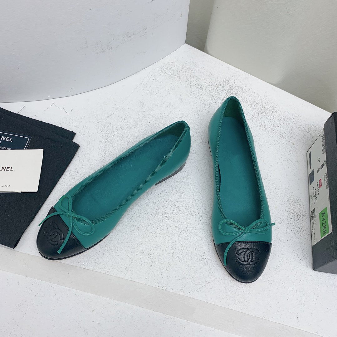 CHANEL ballet flat blue green black lambskin