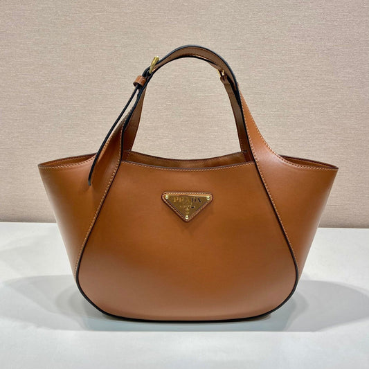 PRADA TOTE BAG 28 IN CINNAMON BROWN SHEEPSKIN GOLD LOGO