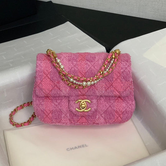 CHANEL 24P Mini Flap Bag 17cm Pink Tweed Pearl Chain Gold Hardware