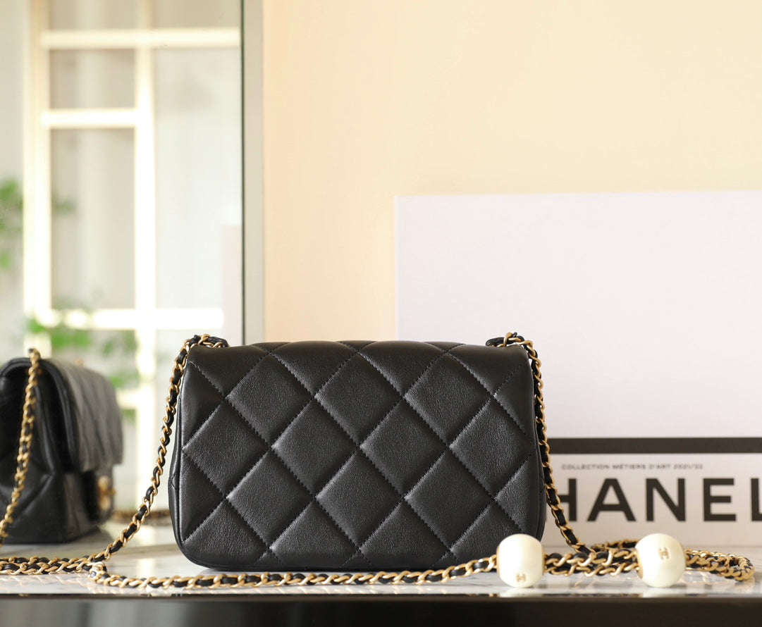 CHANEL 24s mini flap bag 20cm black lambskin pearl ball