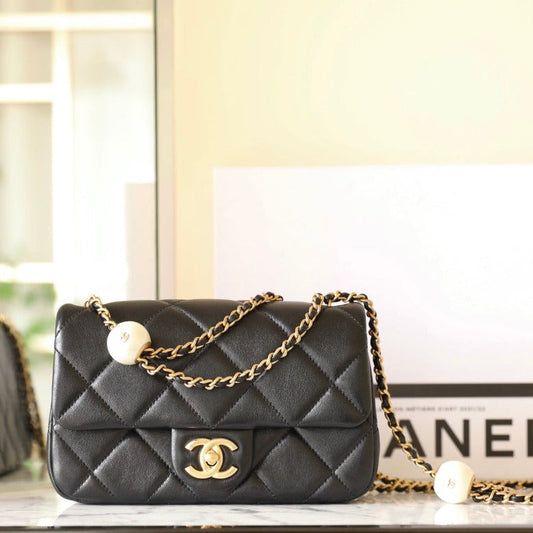 CHANEL 24s mini flap bag 20cm black lambskin pearl ball