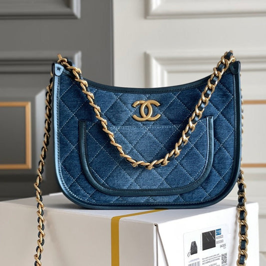 CHANEL 24s 20cm hobo bag blue denim gold hardware
