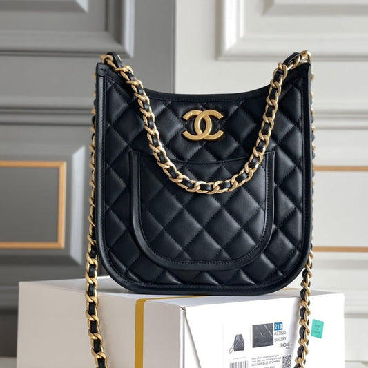 CHANEL 24s 24cm hobo bag black calfskin gold hardware