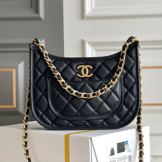 CHANEL 24s 20cm hobo bag black calfskin gold hardware