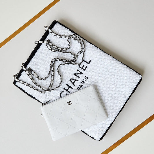 CHANEL 24s31 shopping bag white black sequins black hardware