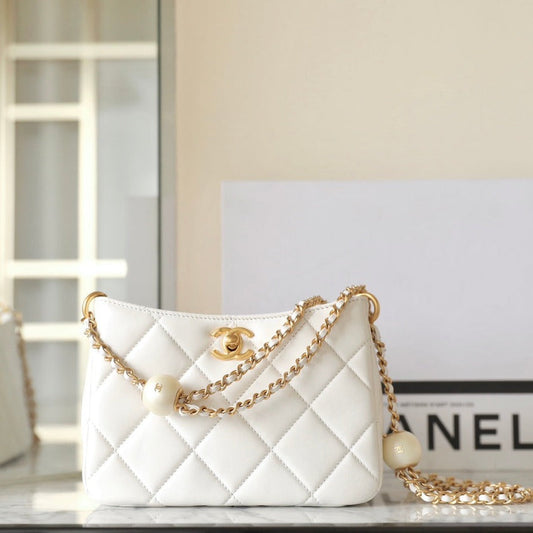 CHANEL 24s hobo bag 19cm white lambskin pearl ball