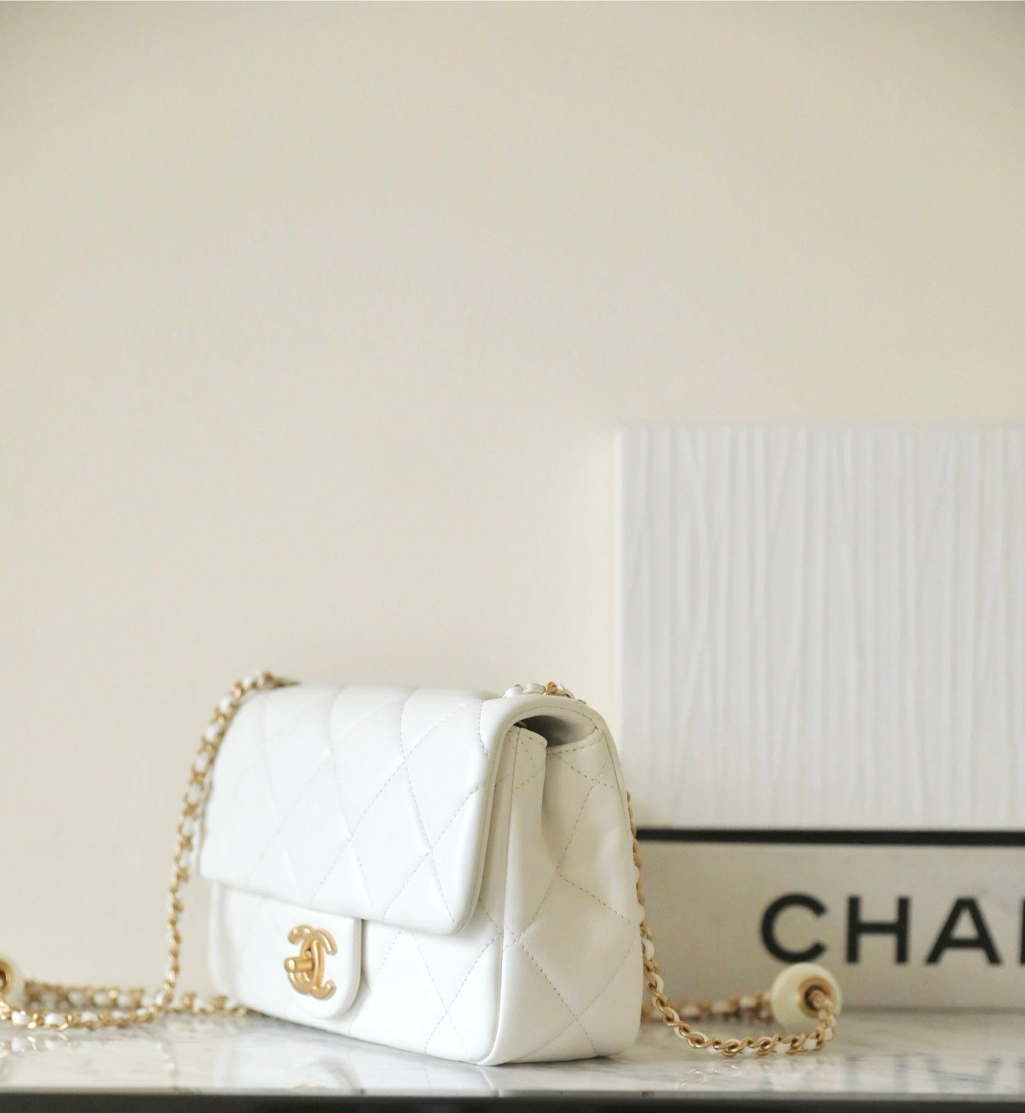 CHANEL 24s mini flap bag 20cm white lambskin pearl ball