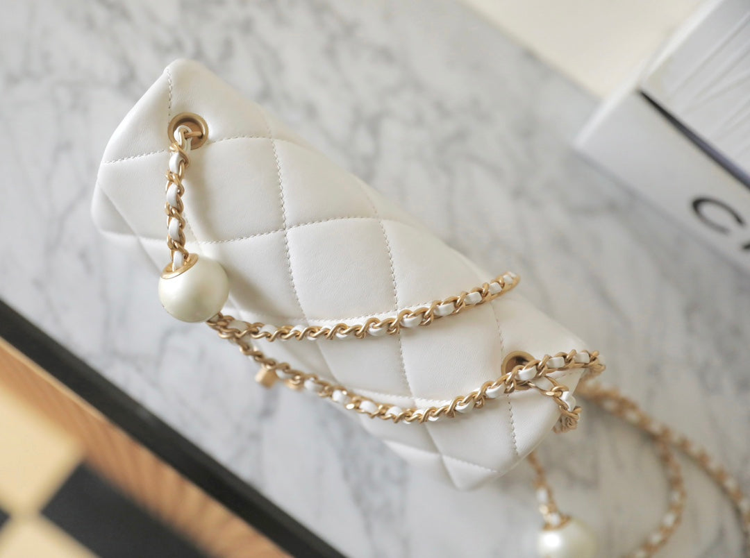 CHANEL 24s mini flap bag 20cm white lambskin pearl ball