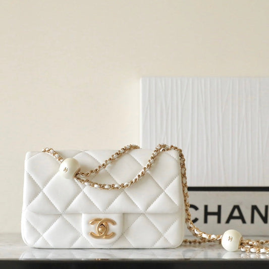 CHANEL 24s mini flap bag 20cm white lambskin pearl ball