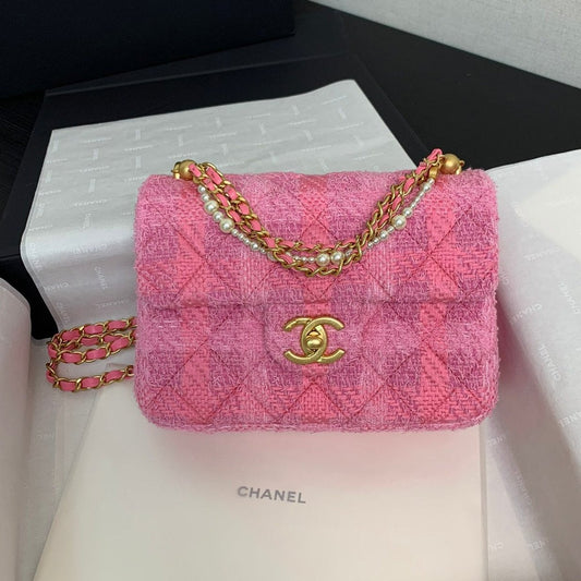 CHANEL 24P Mini Flap Bag 20cm Pink Tweed Pearl Chain Gold Hardware
