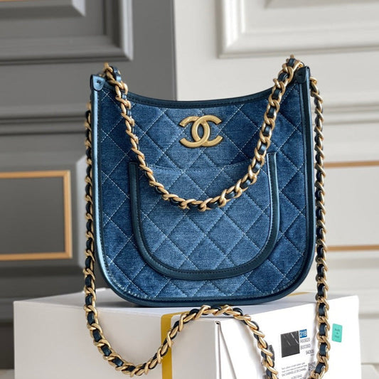 CHANEL 24s 24cm hobo bag blue denim gold hardware