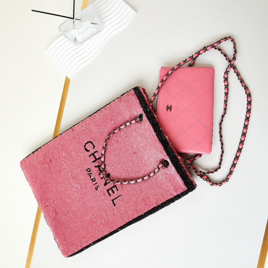 CHANEL 24s31 shopping bag dark pink black sequins black hardware