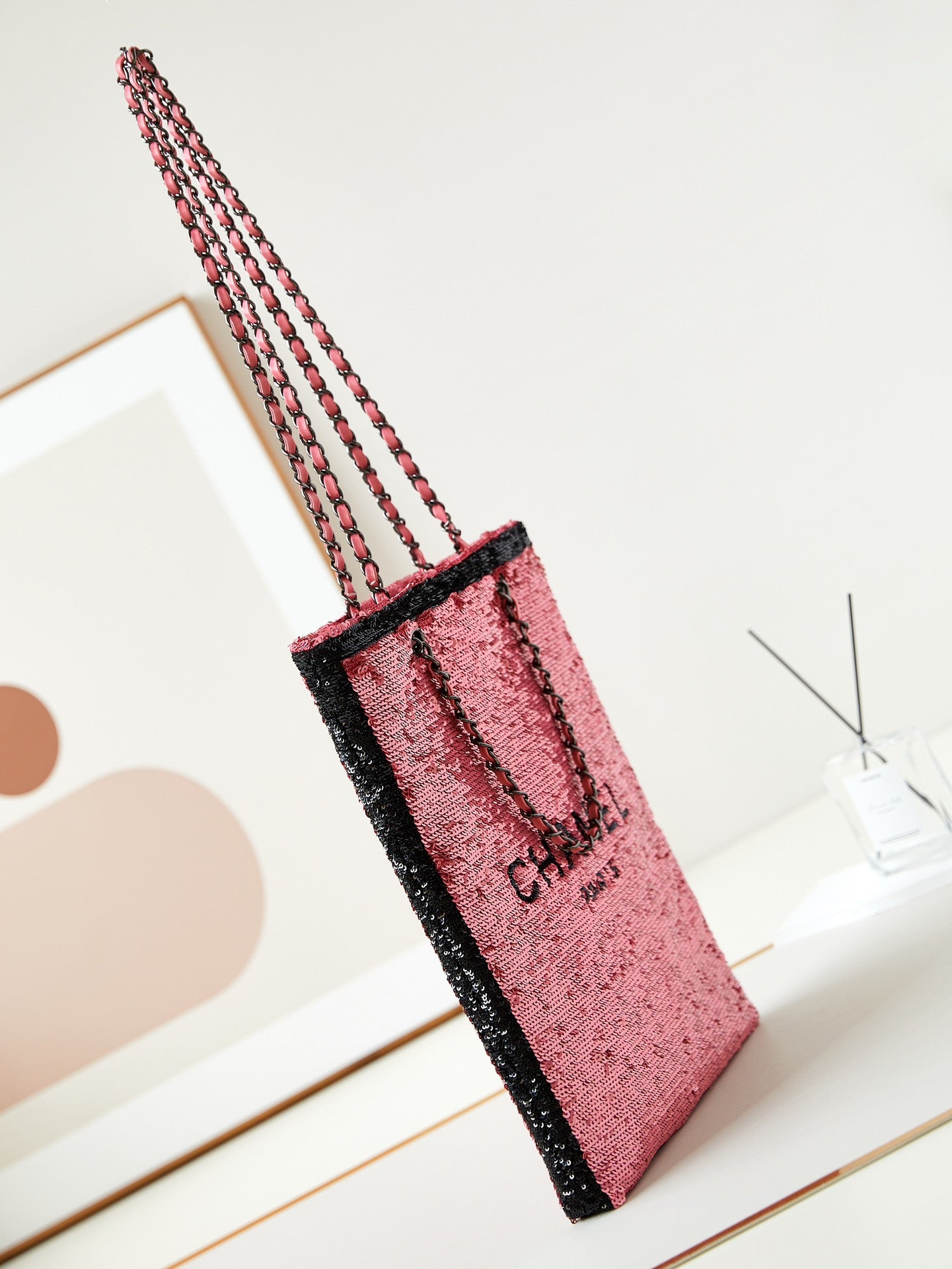 CHANEL 24s31 shopping bag dark pink black sequins black hardware