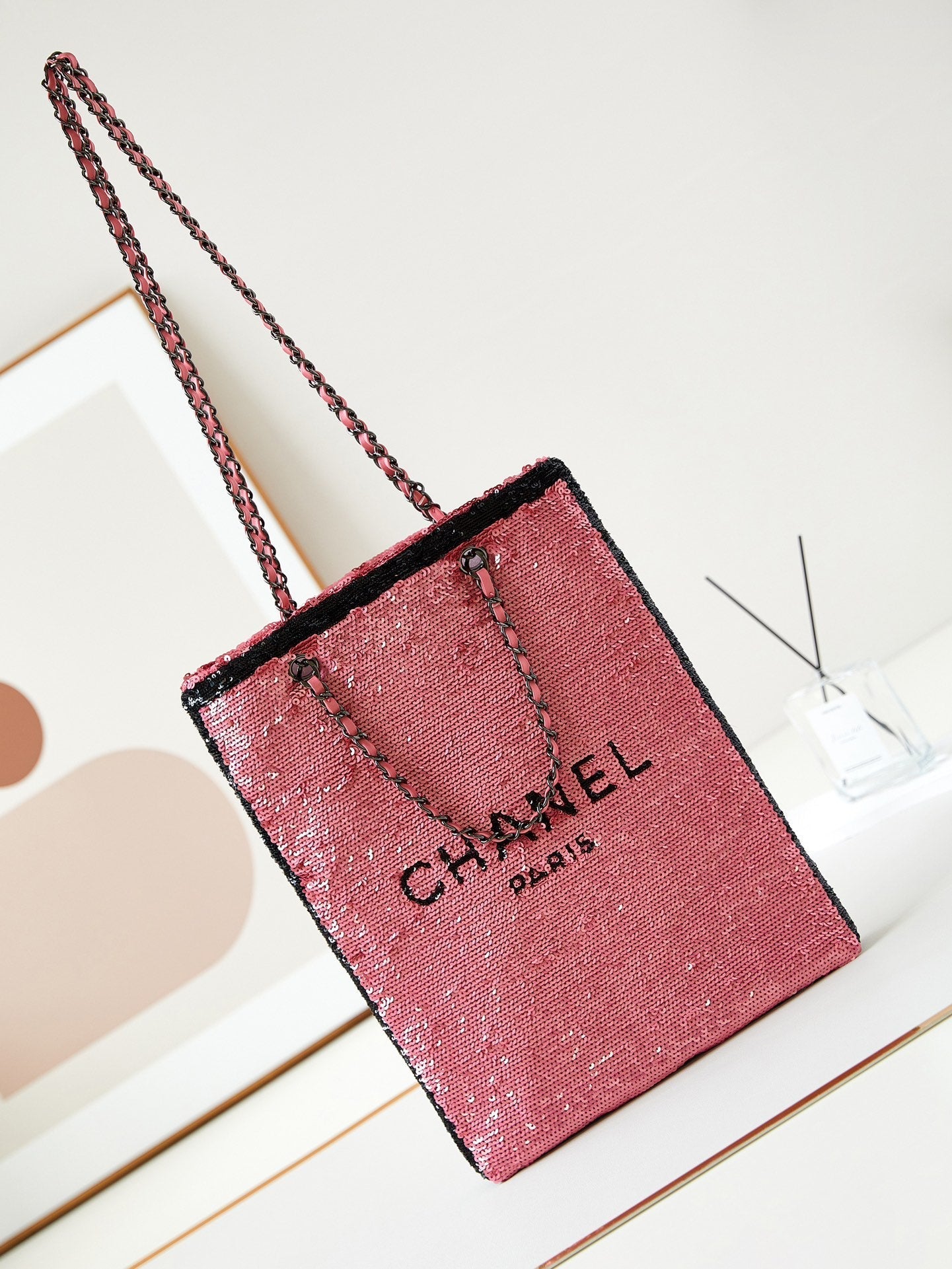 CHANEL 24s31 shopping bag dark pink black sequins black hardware