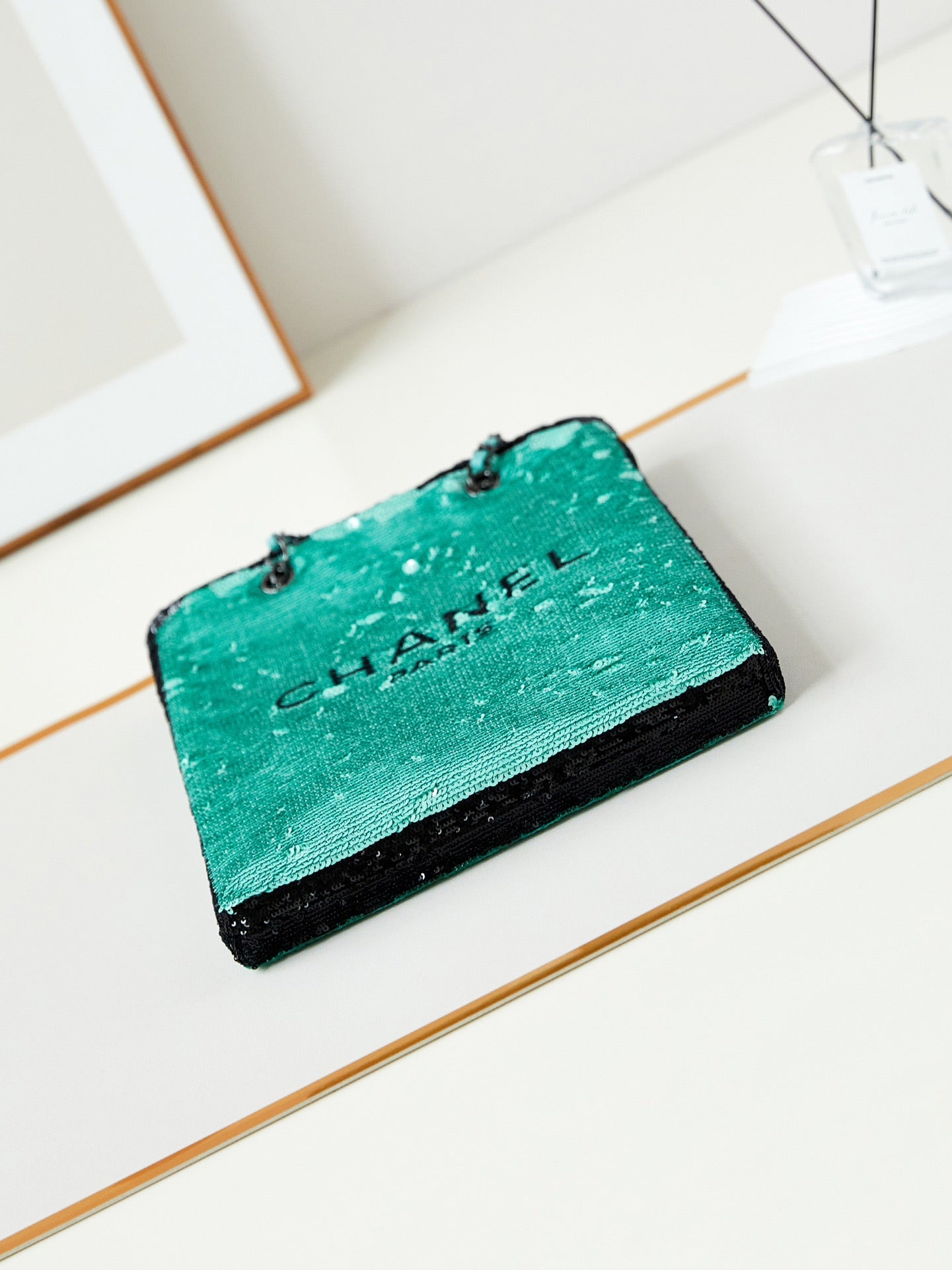 CHANEL 24s31 shopping bag blue black sequins black hardware