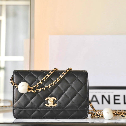 CHANEL 24s woc 19cm black calfskin pearl ball