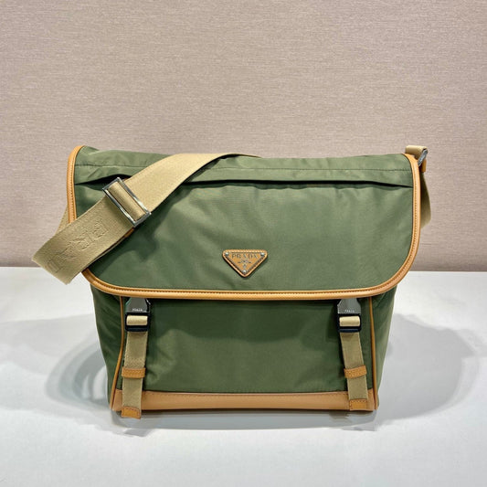 PRADA LARGE FLAP BAG 30 IN SEAWEED GREEN RE-NYLON AND BROWN CALFSKIN TRIM
