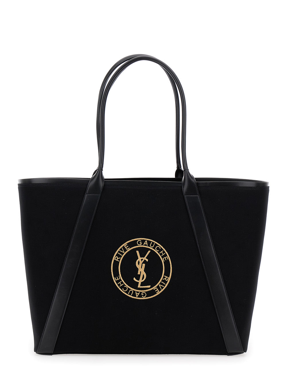 Saint Laurent Men 'Rive Gauche' Black Tote Bag With Embroidered Cassandre In Cotton Canvas Woman