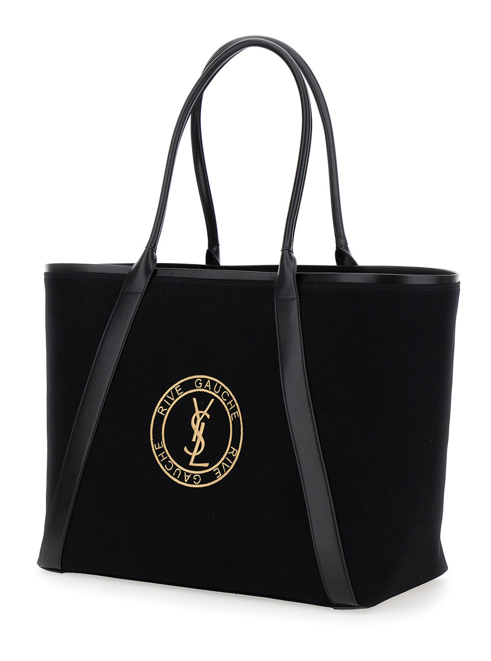 Saint Laurent Men 'Rive Gauche' Black Tote Bag With Embroidered Cassandre In Cotton Canvas Woman