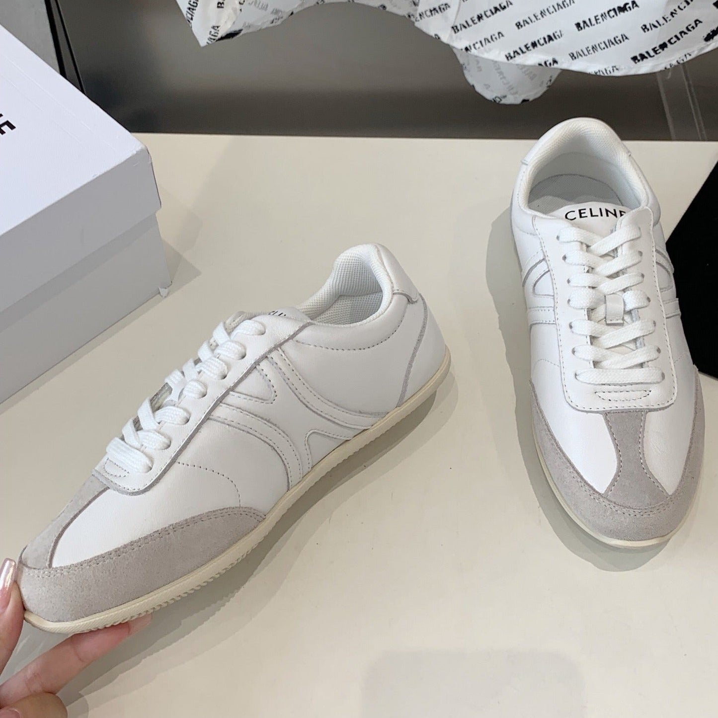 Celine JOGGER LOW LACE-UP SNEAKER IN CALFSKIN & SUEDE CALFSKIN OPTIC WHITE/GREY