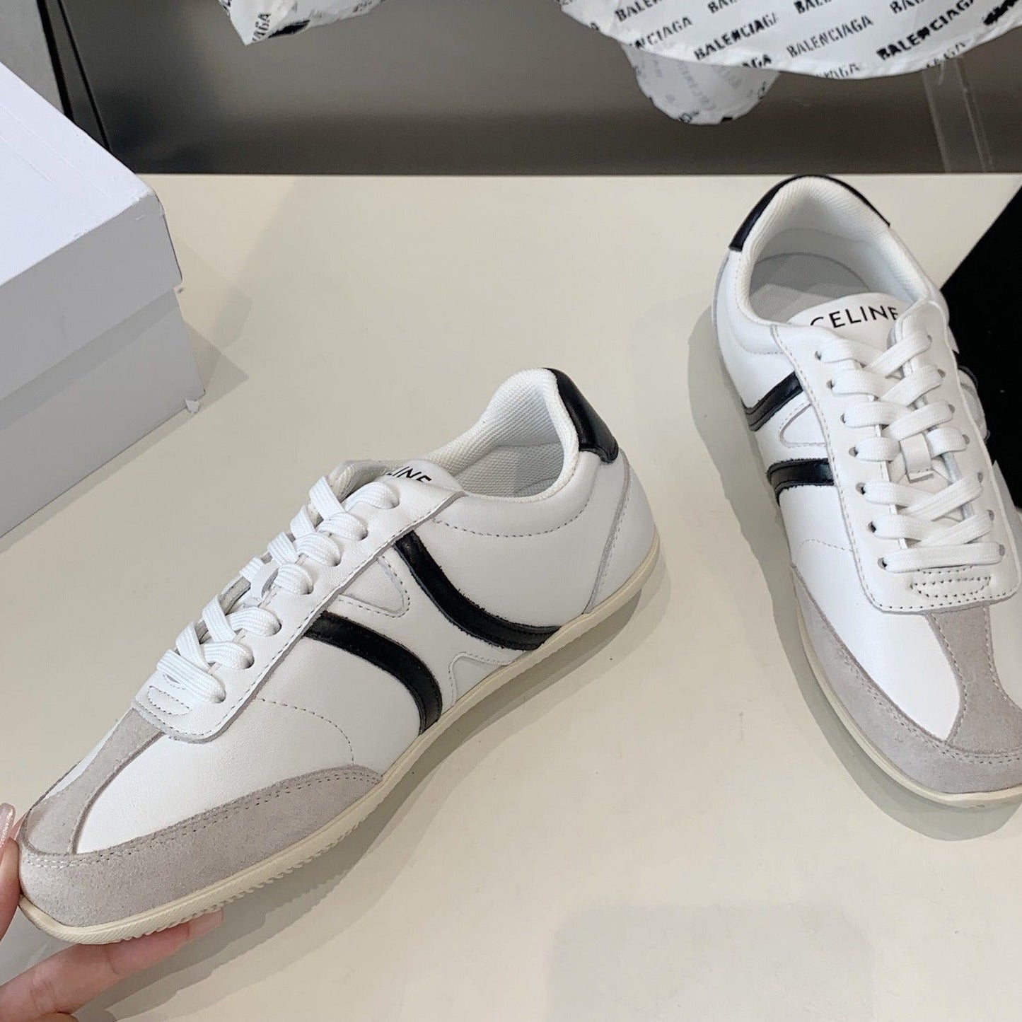 Celine JOGGER LOW LACE-UP SNEAKER IN CALFSKIN & SUEDE CALFSKIN OPTIC WHITE/GREY/BLACK
