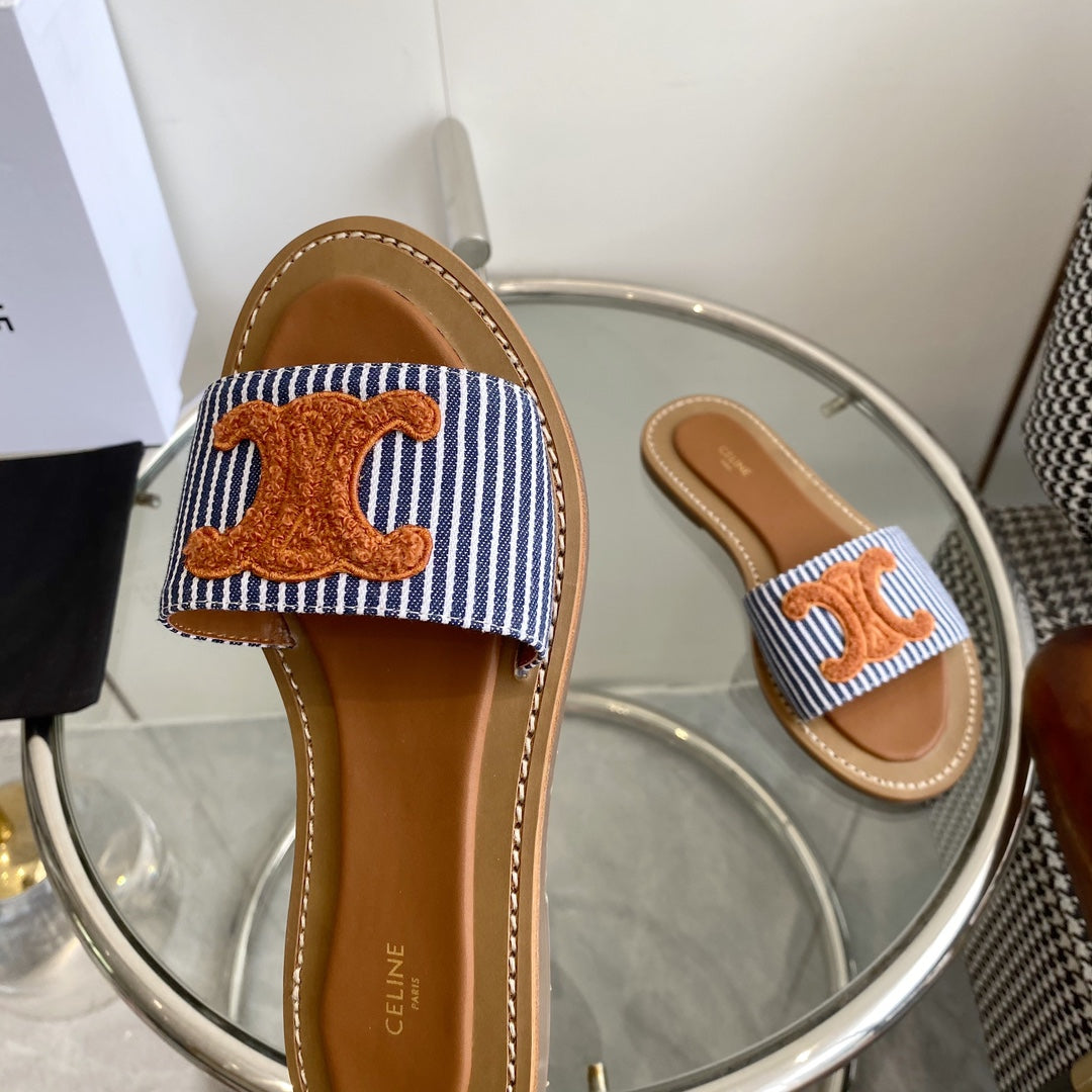 Celine CELINE 25 Slippers Blue Stripe Orange Denim 285981