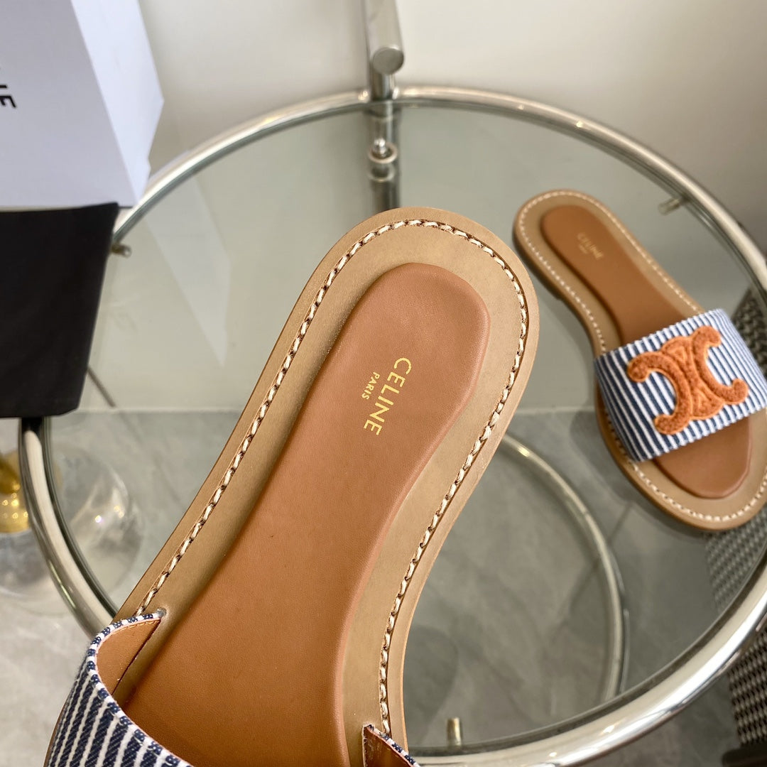 Celine CELINE 25 Slippers Blue Stripe Orange Denim 285981