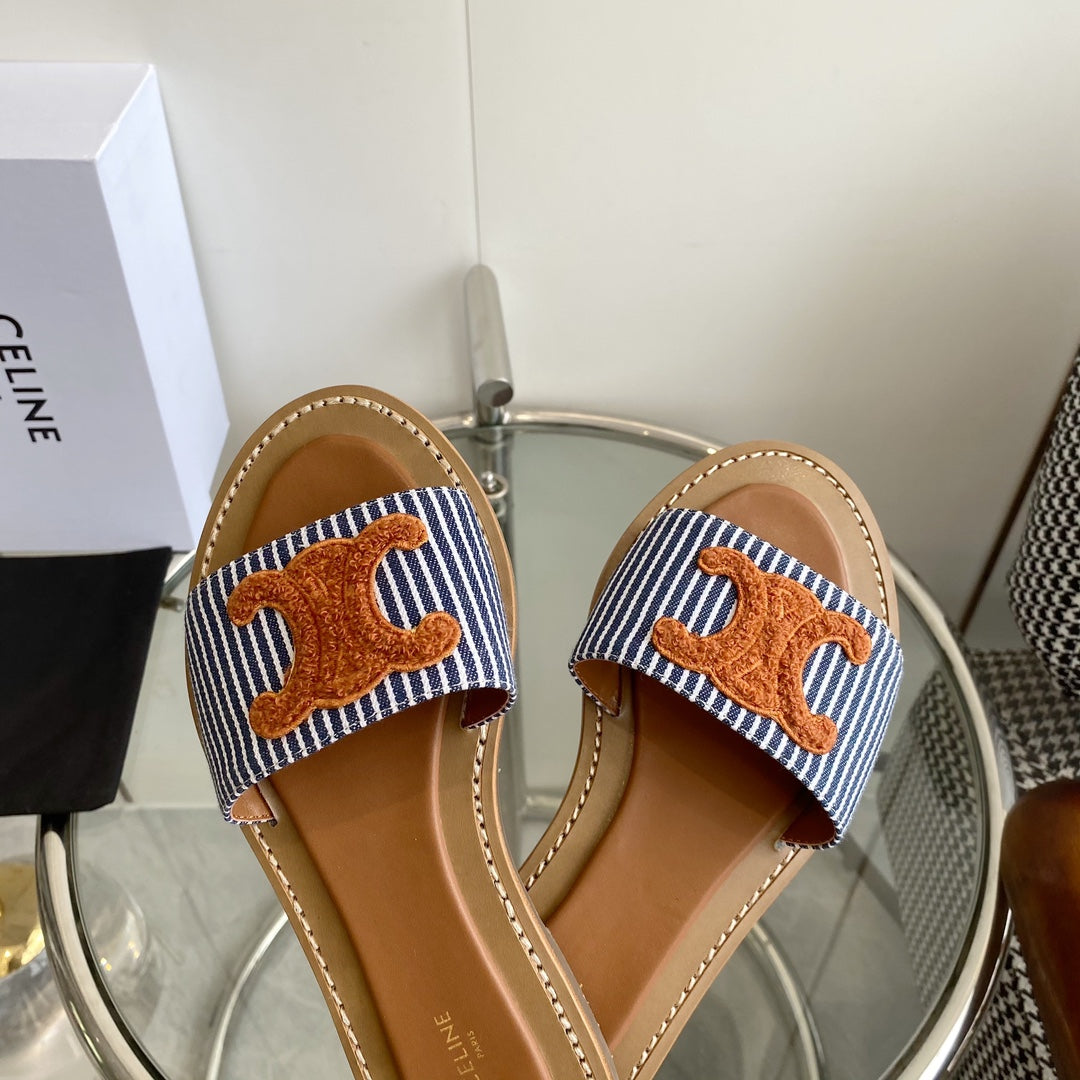 Celine CELINE 25 Slippers Blue Stripe Orange Denim 285981