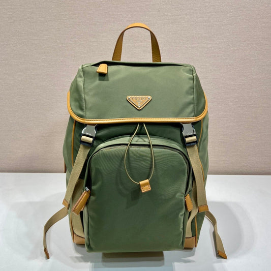 PRADA BACKPACK 45 IN SEAWEED GREEN RE-NYLON AND BROWN CALFSKIN TRIM