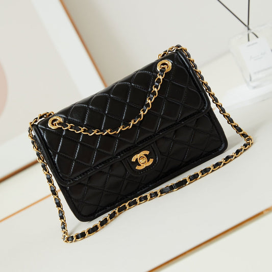 CHANEL 24s medium flap bag 25cm black calfskin gold hardware