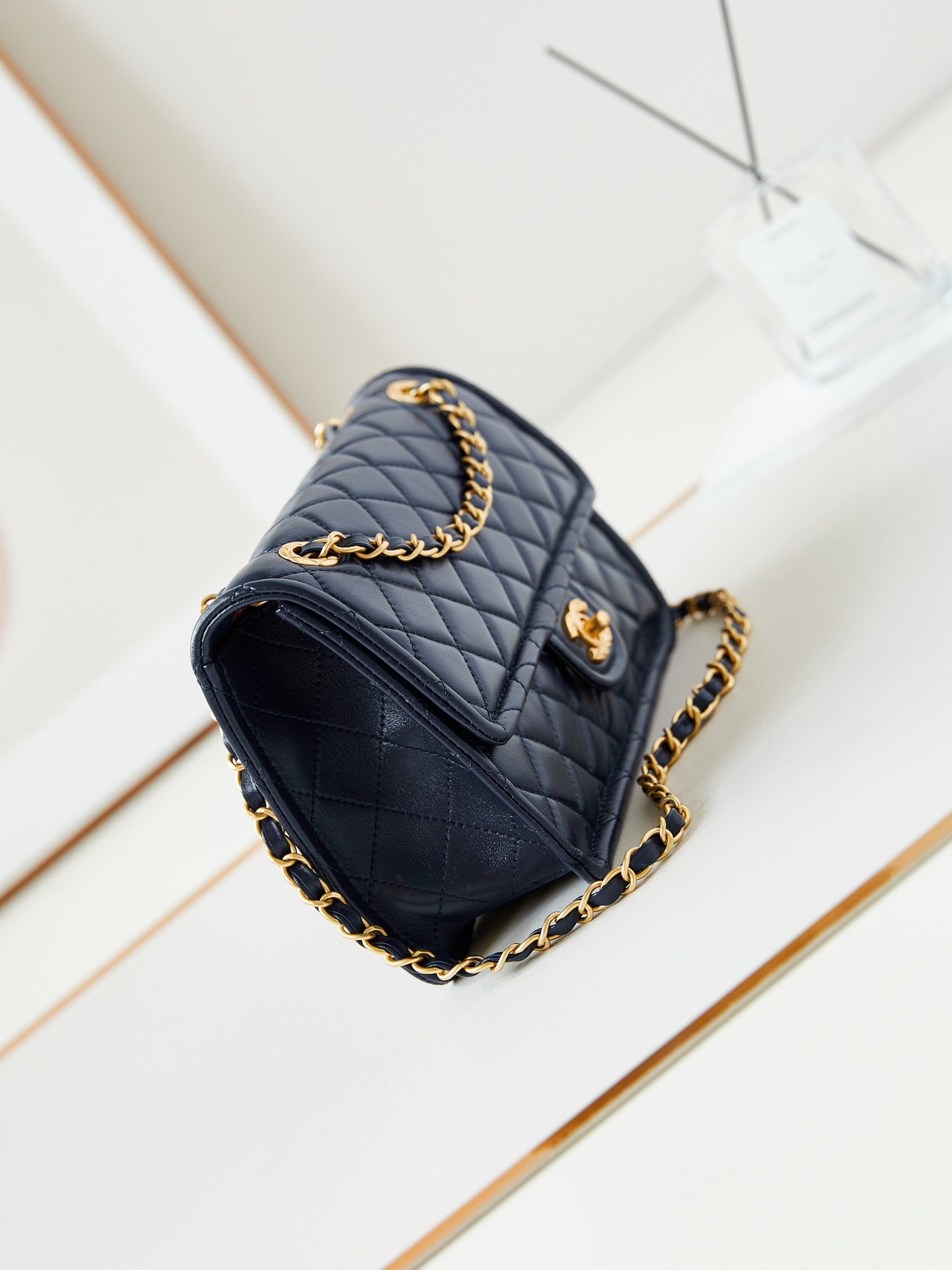 CHANEL 24s medium flap bag 25cm dark blue calfskin gold hardware