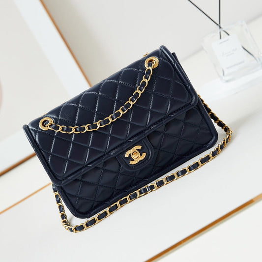 CHANEL 24s medium flap bag 25cm dark blue calfskin gold hardware