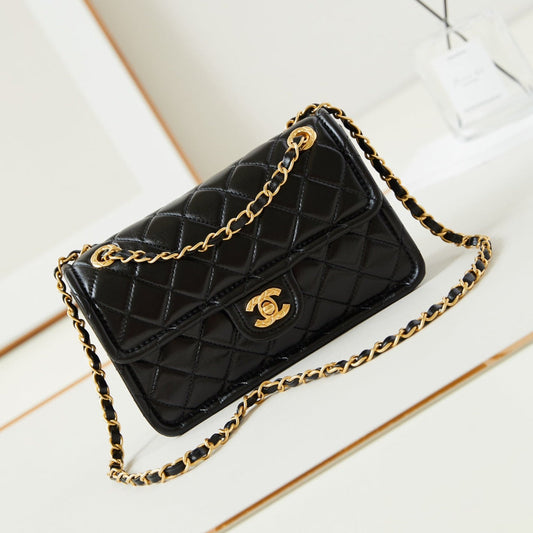 CHANEL 24s small flap bag 23cm black calfskin gold hardware