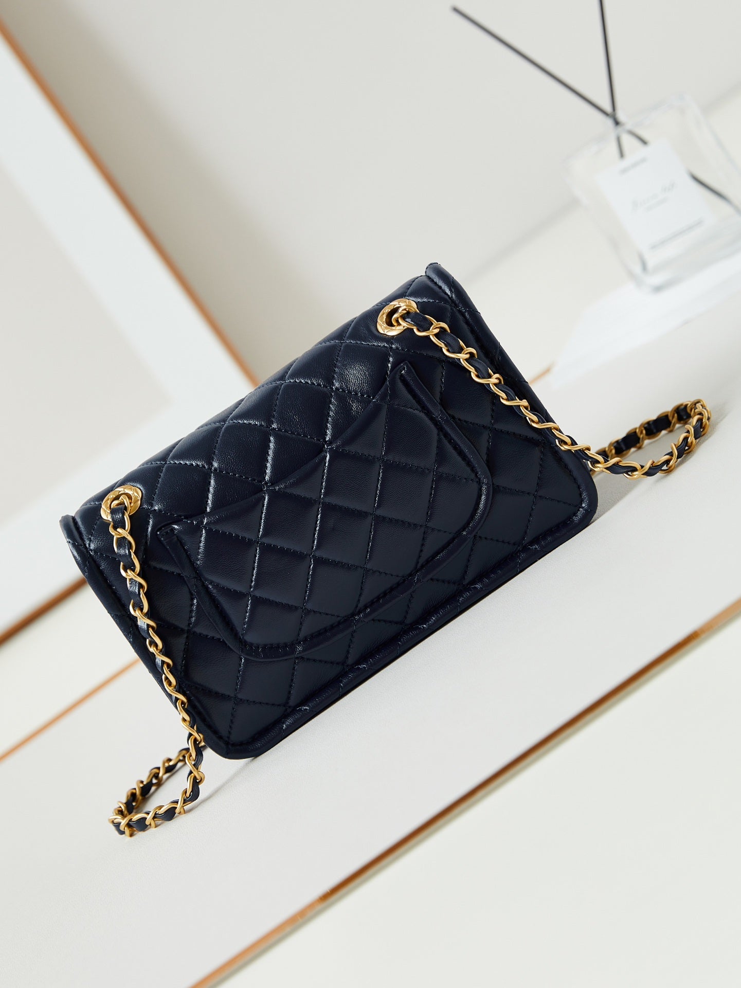 CHANEL 24s small flap bag 23cm dark blue calfskin gold hardware