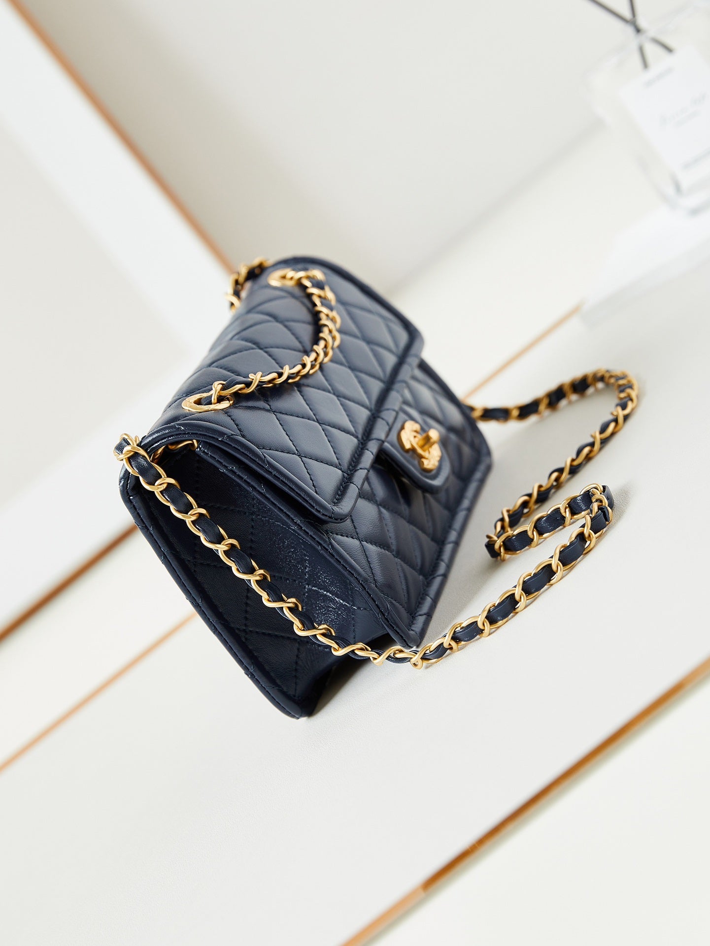 CHANEL 24s small flap bag 23cm dark blue calfskin gold hardware
