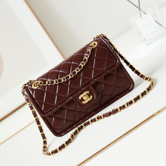 CHANEL 24s small flap bag 23cm burgundy calfskin gold hardware