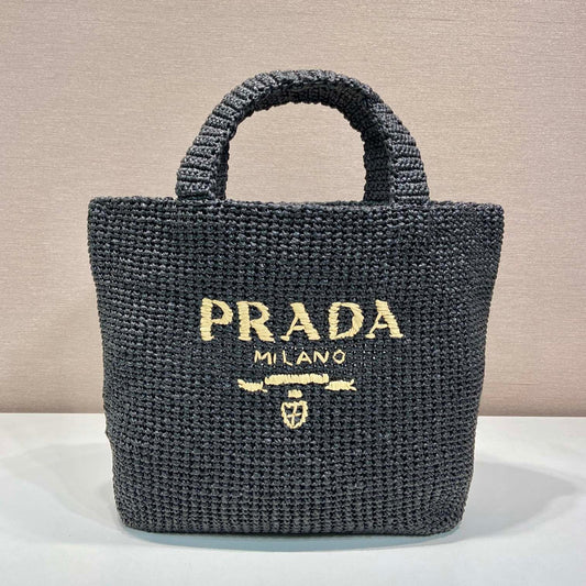 PRADA LARGE CROCHET TOTE BAG 47 IN BLACK MIX YELLOW RAFFIA