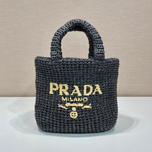 PRADA SMALL CROCHET TOTE BAG 24 IN BLACK MIX YELLOW RAFFIA