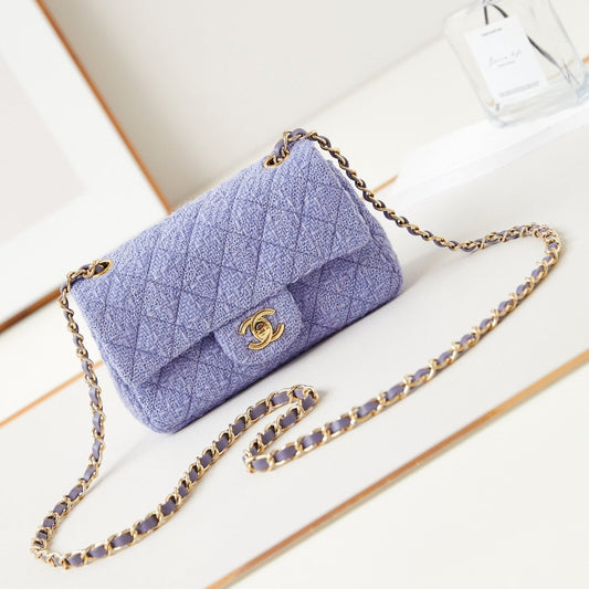 CHANEL 24p small flap bag 20cm purple blue tweed gold hardware