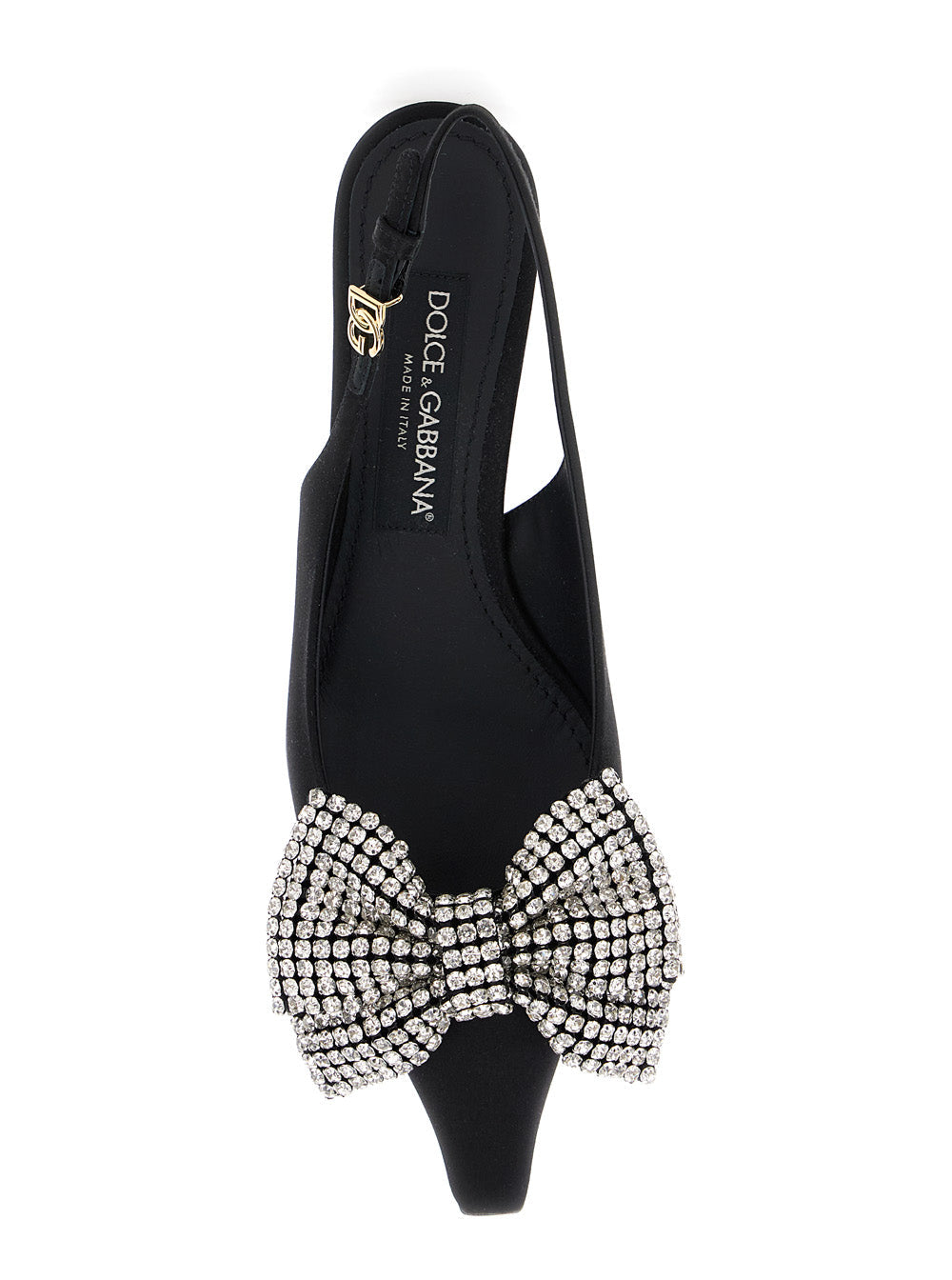 Dolce & Gabbana Women Black Slingback Pumps With Rhinestone Bow Detail In Silk Blend Woman